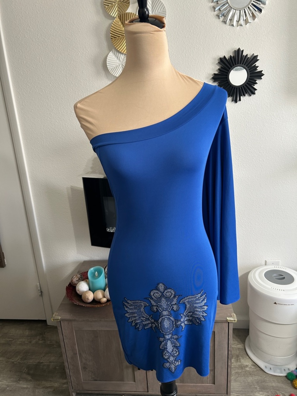 Royal Blue One-Shoulder Embellished Sheath Dress